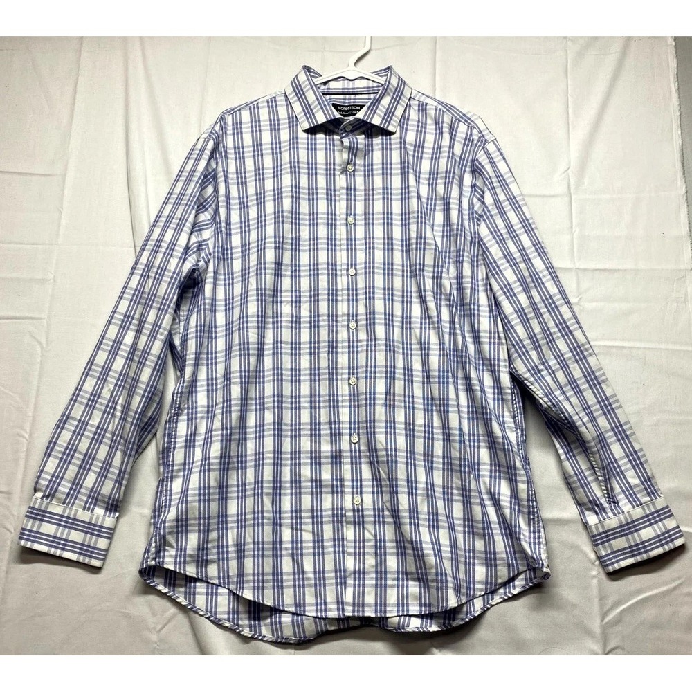 Nordstrom Tech Smart Dress Shirt Men 17 Blue White Check Trim Fit Cotton Stretch